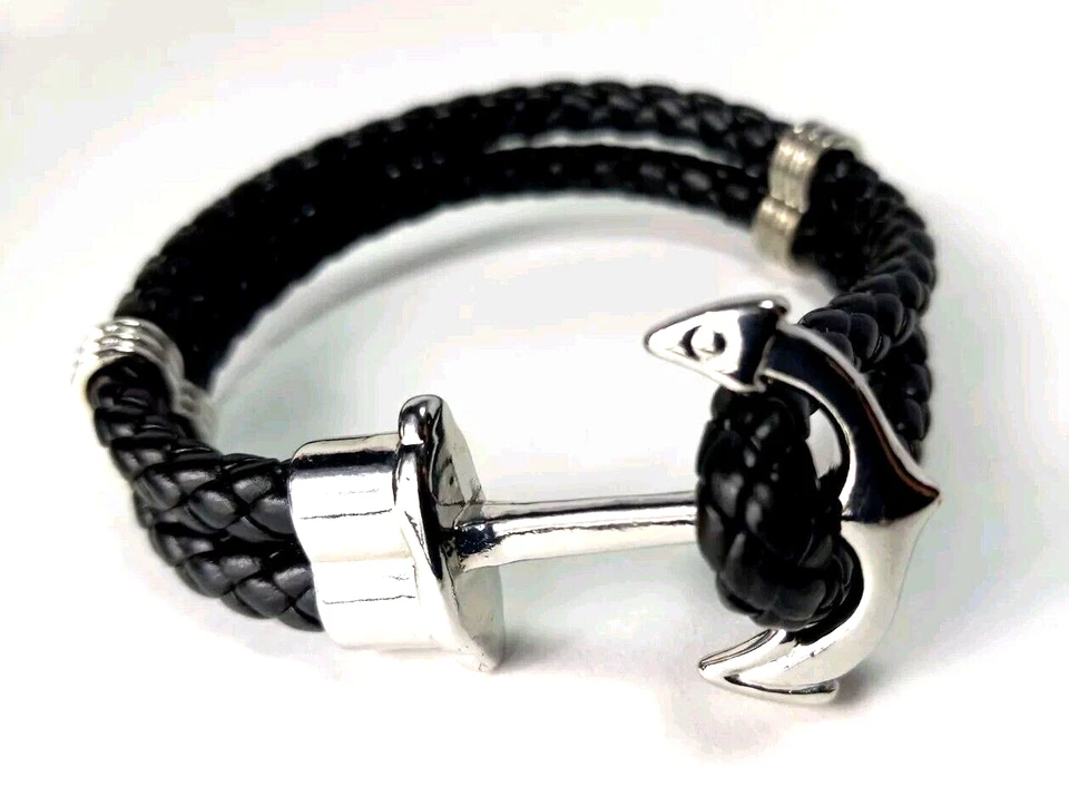 Mens Bracelet Anchor Faux Leather Braided Silver Toned Nautical Jewelry - Image 2 of 4