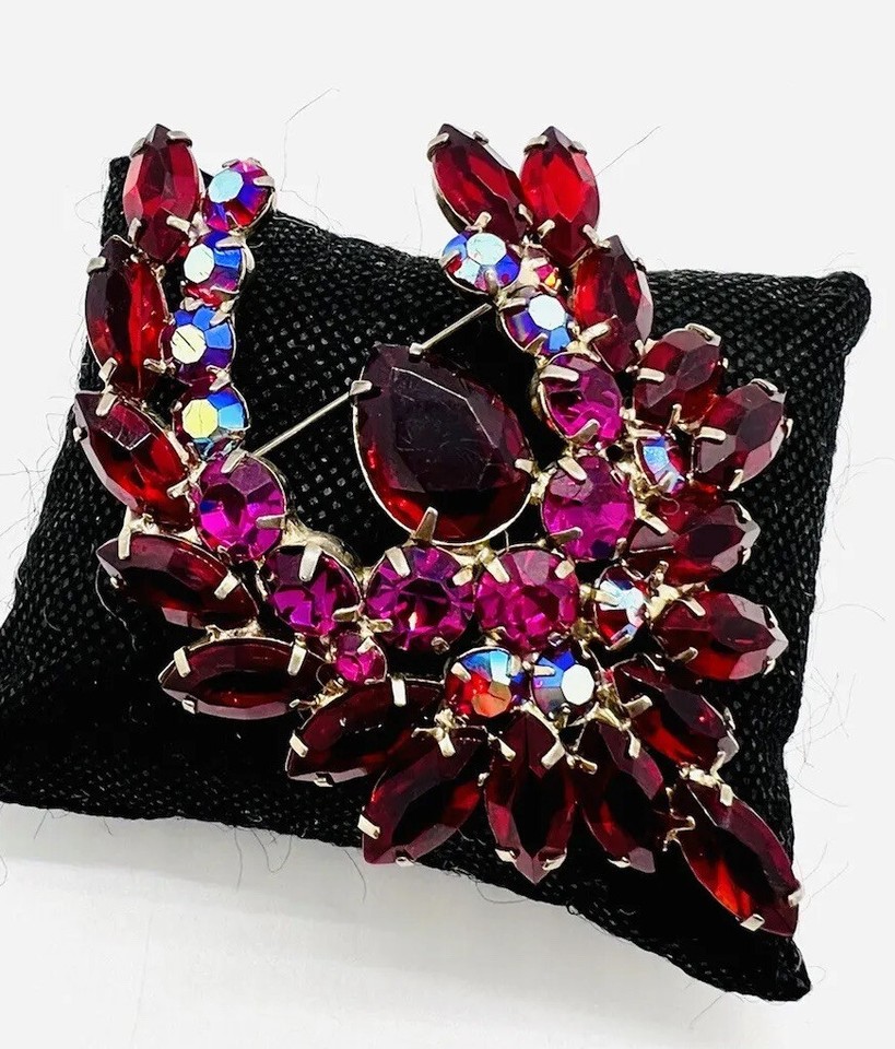 Large Red Jewel Tone & Pink AB Rhinestone Brooch 3 1/2 Inch Vintage