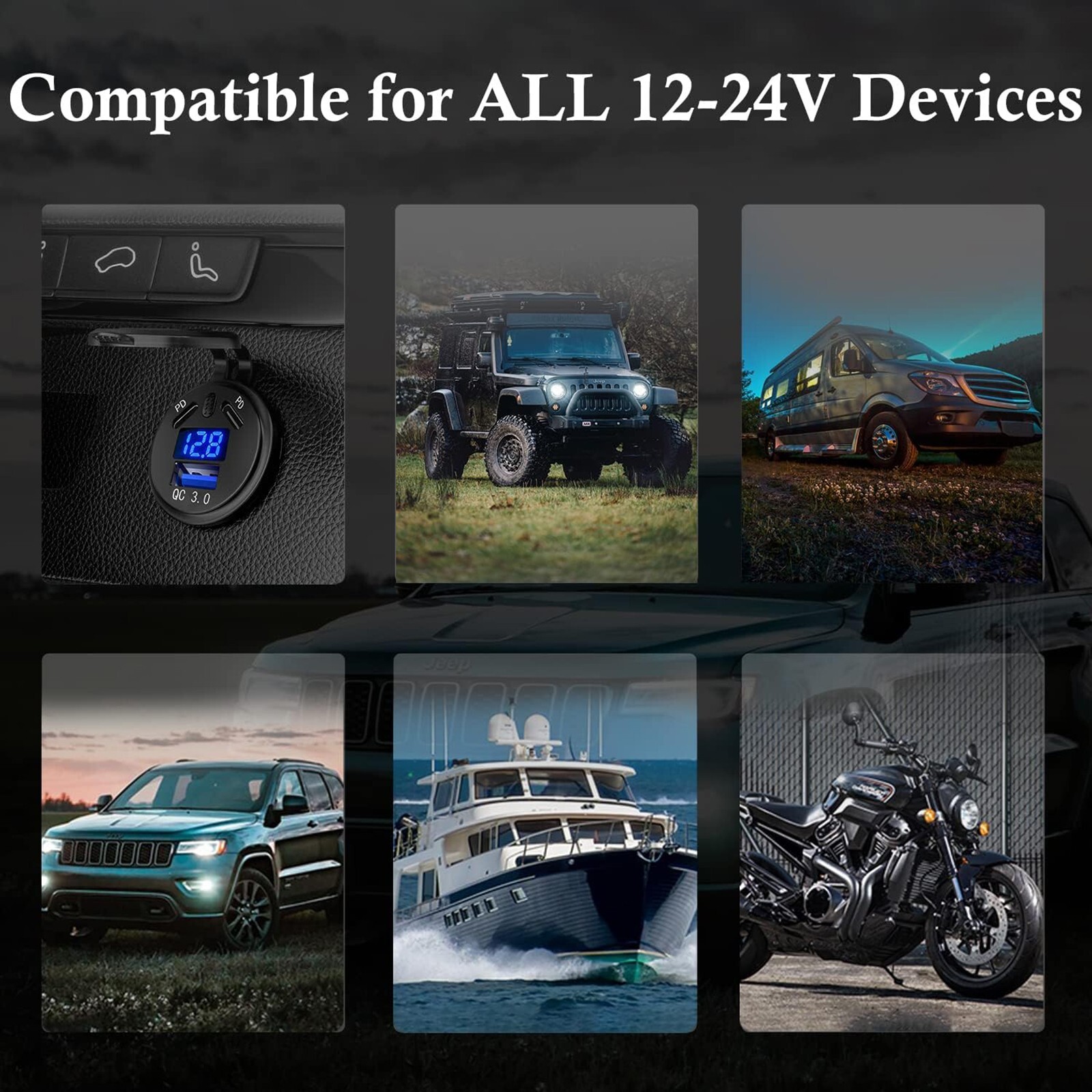 45W PD Type C Car Charger QC3.0 USB Outlet Socket Voltmeter for 12V/24V Car Boat