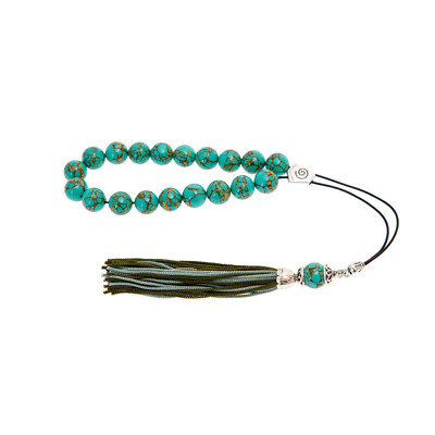 Greek Worry Beads or ''Komboloi'', Green & Gold Onyx Beads, Silk Cord & Tassel