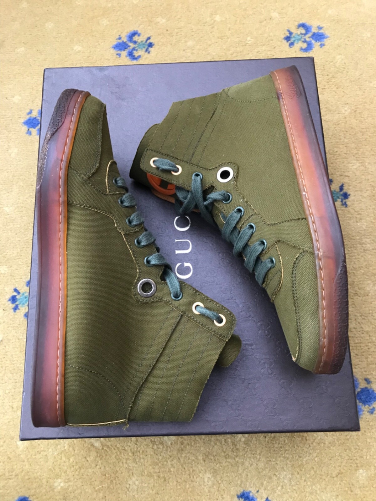Gucci Trainers Sneaker High Top Shoes Green Olive Fabric UK 5.5 US 6.5 39.5 Mens thumbnail 4