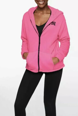 Victoria's Secret PINK Reversible Sherpa Hoodie M Jacket Zip Neon