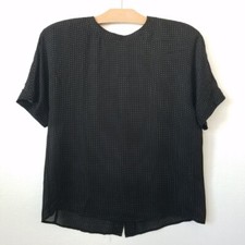Vtg Ellen Tracy Womens 8 Silk Blouse Button Back Polkadot Short Sleeve Black