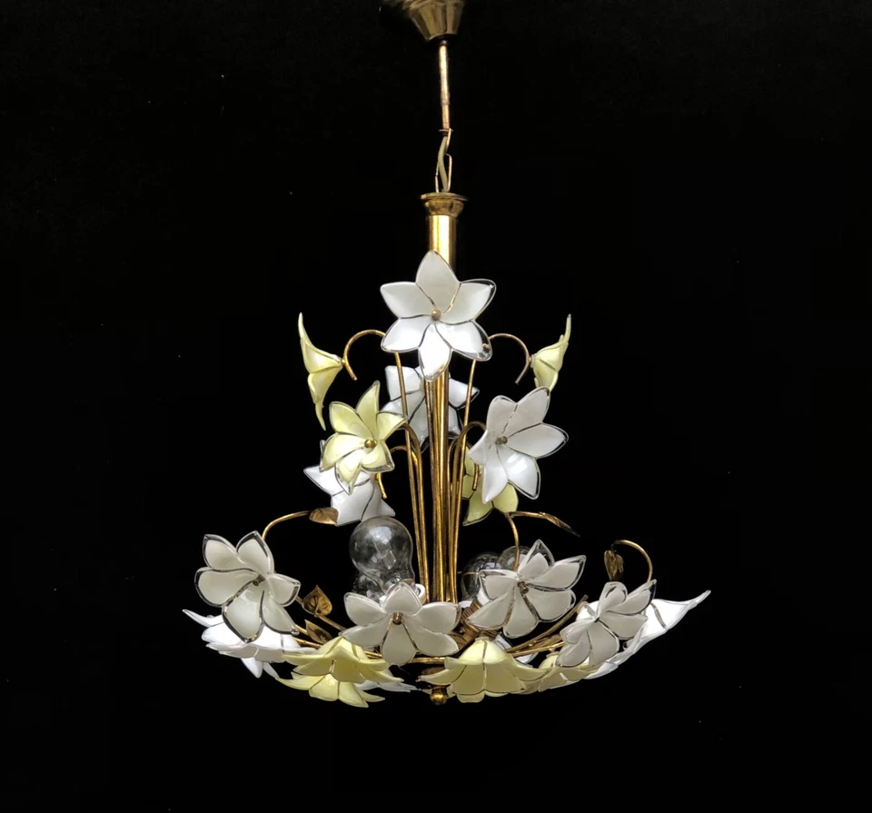 Vintage Murano chandelier Milk and Yellow glass Floral height: 28 inc w: 16 inc - Image 4 of 4