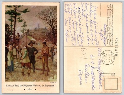 1937 Plymouth Pilgrims Samoset First Contact Postcard Charles Hoffbauer Mural