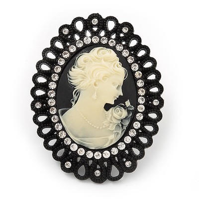 Großer Cocktailring ''Classic Cameo'' mit Diamanten in schwarzfarbenem Metall (verstellbar) -