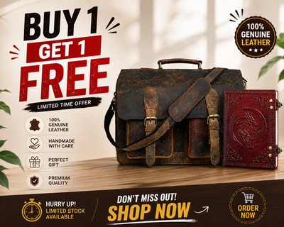 Genuine Leather Messenger Briefcase Men Laptop Bag + Bonus Journal