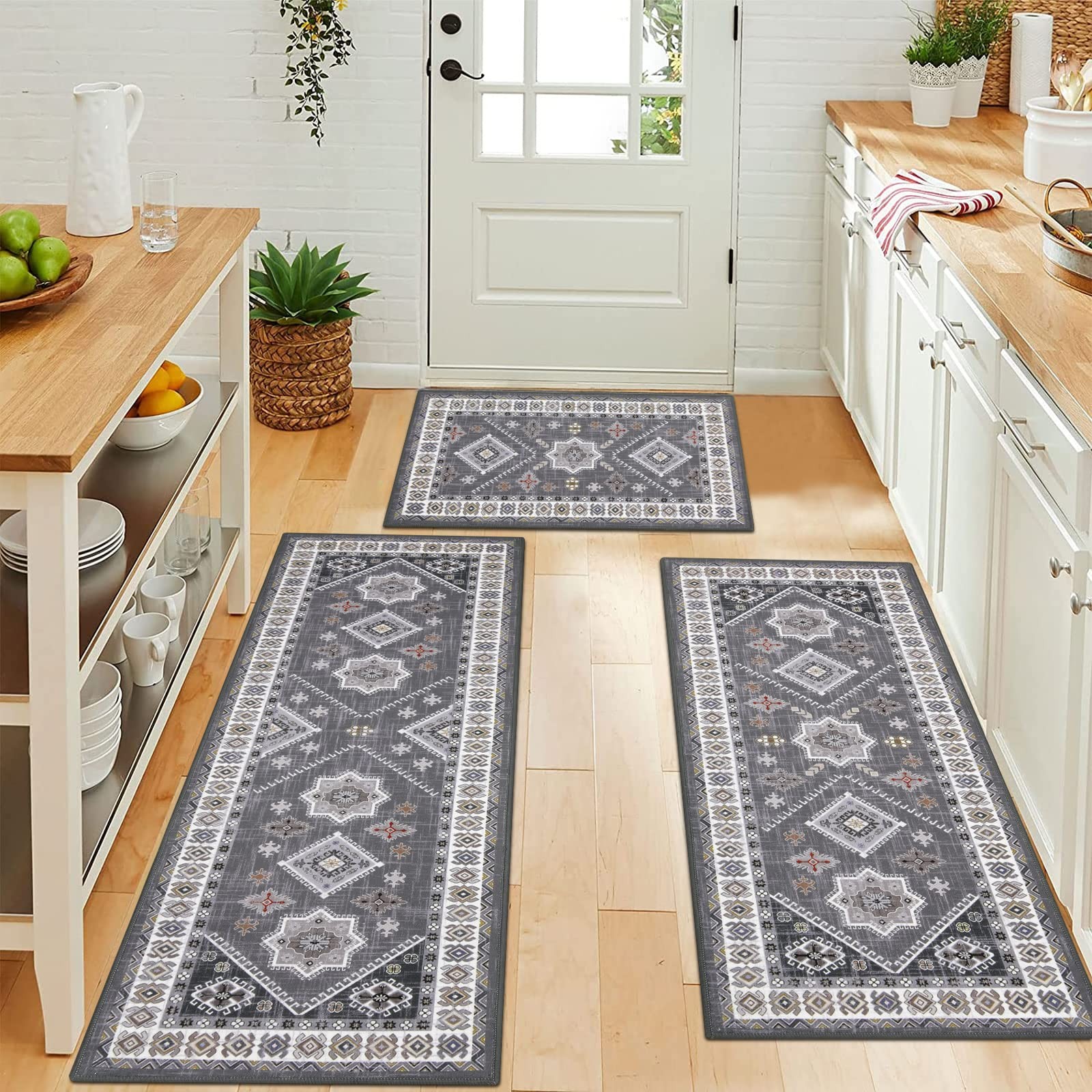 HEBE Boho Kitchen Rug Sets 3 Piece with Runner Non Slip Kitchen Rugs and Mats...