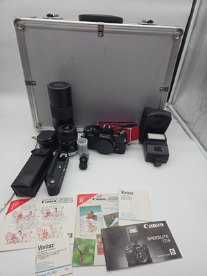 Canon AE-1 Black 35mm SLR Film Camera with Lenses/Kit FILM TESTED - SEE NOTES