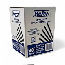 Hefty Unwrapped Black Plastic Sipper Stirrer Straws, 7" - 5000 Count