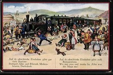 Künstler-AK Hans Boettcher: schwäbische Eisenbahn an einer Station 1927