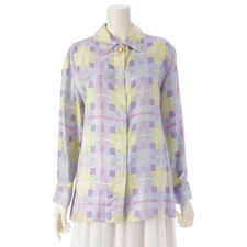 CELINE 80S Triomphe Logo Button Check Long Sleeve blouse shirt multicolor