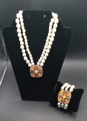 Demi-parure Bracelet Choker Beads Costume Set Brown Rust White Unmarked Acrylic 