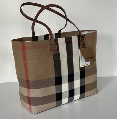 Burberry Check Canvas Medium London Tote Bag Taupe Brown Check