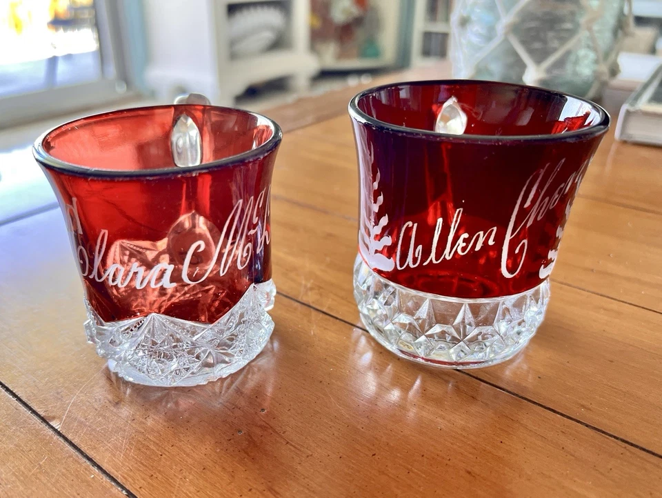 2 EAPG RUBY RED FLASH STAINED INSCRIBED ETCHED ANTIQUE GLASS TEACUP TUMBLER MUGS - Image 2 of 4