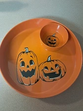 2011 Halloween Jack-o-lantern Melamine Chip And Dip Tray, Orange 2 Piece Retro 