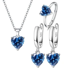 4pcs Women's Silver Heart Crystal Jewelry Set - Necklace/Earrings/Ring | US Gift