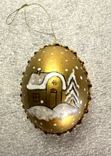 Vintage Egg Shell Christmas Ornament Hand Painted Doubled Sided House & Snowman