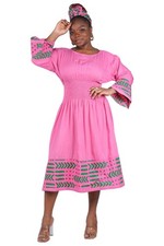 African Trim Midi Dress Smocked, Headwrap Pockets 100 Rayon Patch work