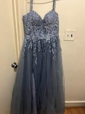 Women's Blue Tulle Floral Embroidered Glitter Long Formal Gown, Size S