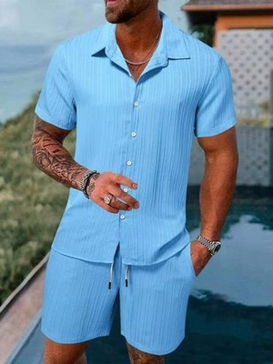 2026 Men 2 Set Short Sleeve Button Shirt Shorts Suit Tops+Shorts T Shirts Casual