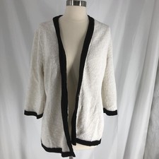 Nic Zoe Textured Single Button Cardigan, Size Large White Black Trim