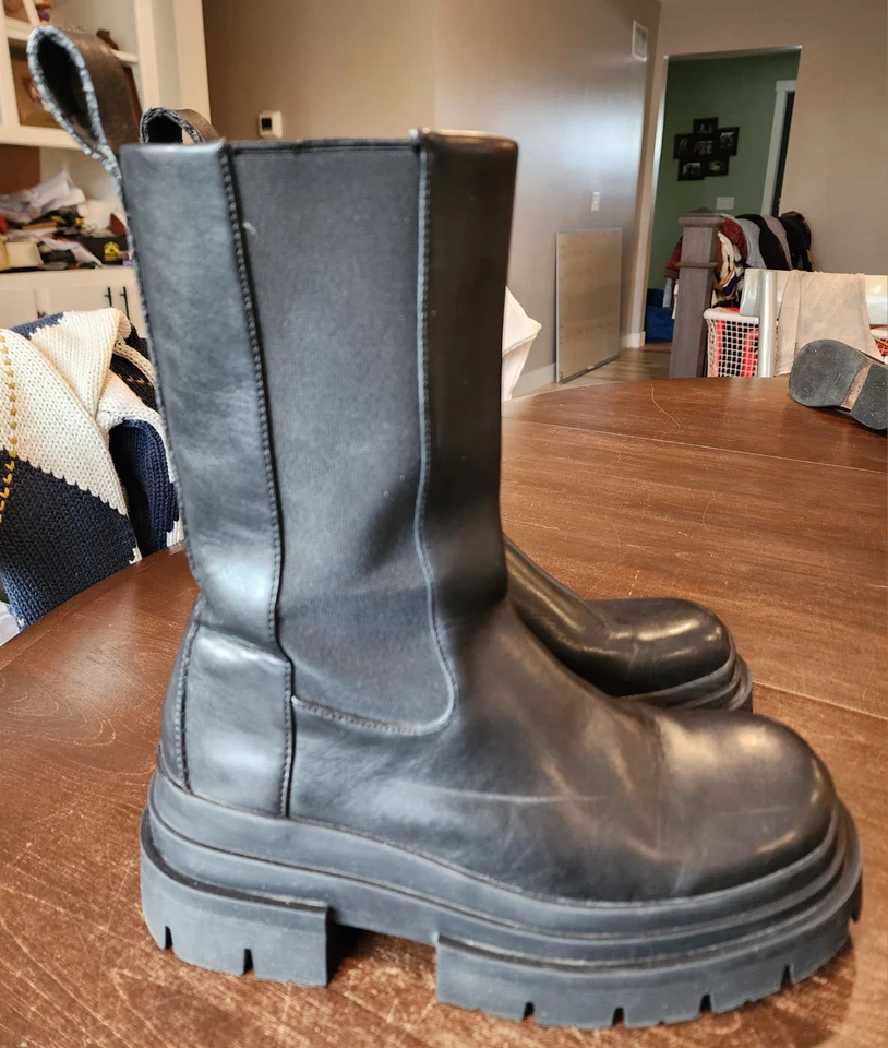 ZARA Lug Sole Mid Calf Faux Leather Pull On Boots Size 9 Black Chunky Goth Rave - Image 2 of 4