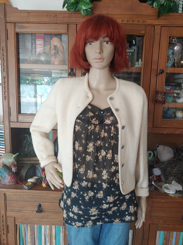 Carroll Reed Ski Shops Off White Crema Chaqueta Lana Recortada Cárdigan Suéter 