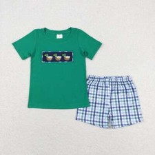 New Boutique Embroidery Mallard Green Top Gingham Shorts Set With Pocket