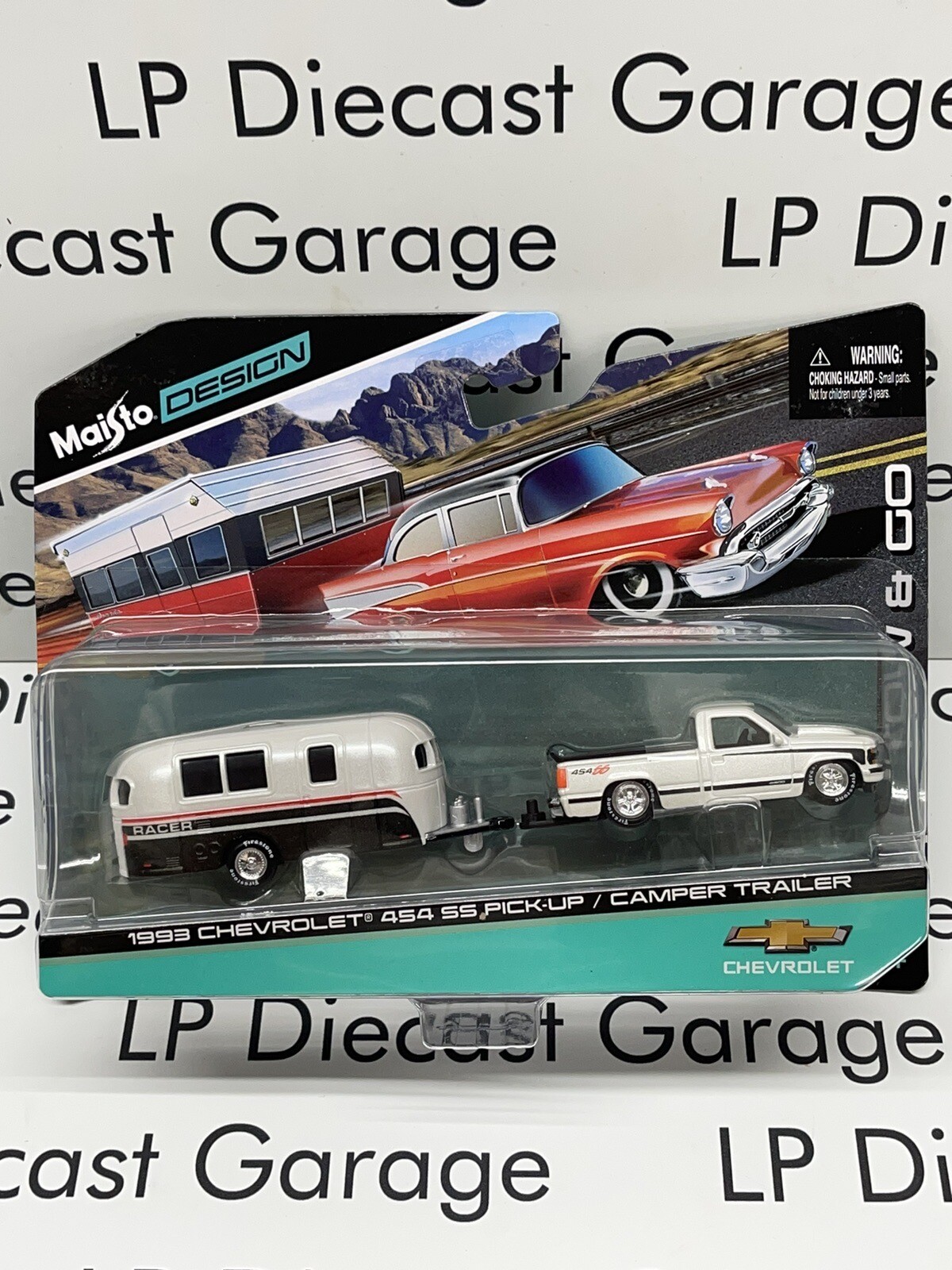 MAISTO 1993 Chevrolet C1500 SS 454 Truck & Camper Trailer 1:64 Diecast White NEW