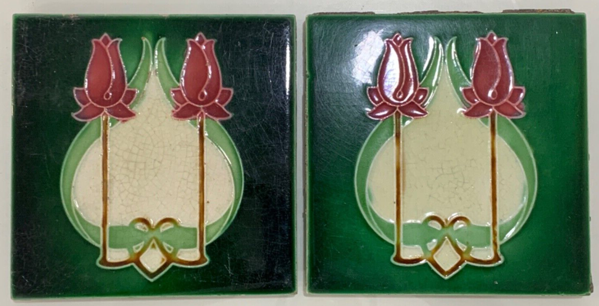 ◇英国アンティークArtdecoLloyd's Antiques Tiles 2 pc Lot England Antique rare vintage Art Deco 1900s