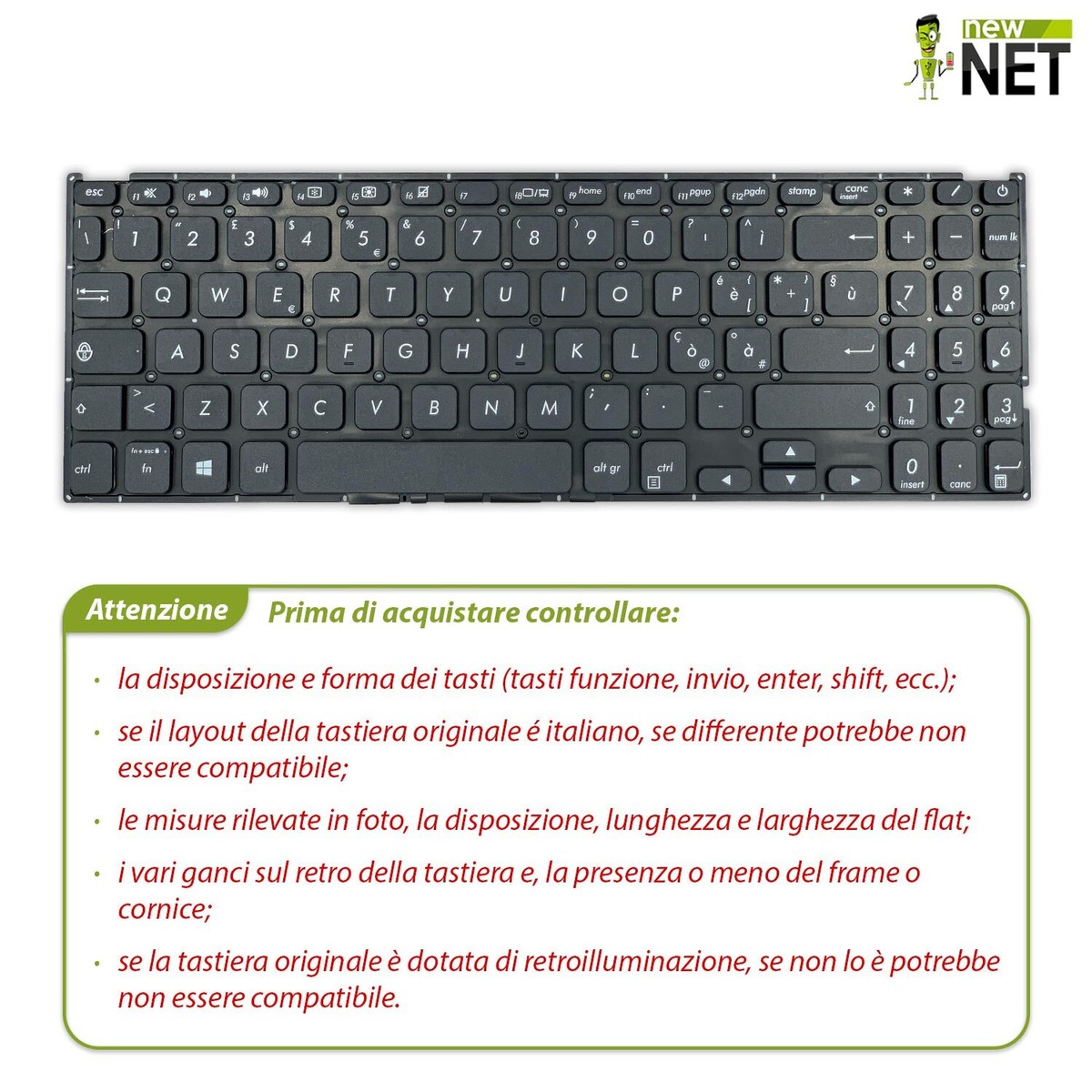 Tastiera ITA Per Notebook ASUS X556, X555 E F555 | Layout QWERTY Nero Senza Frame | Ricambio Per X556UJ, X556UA E A556 | New Net