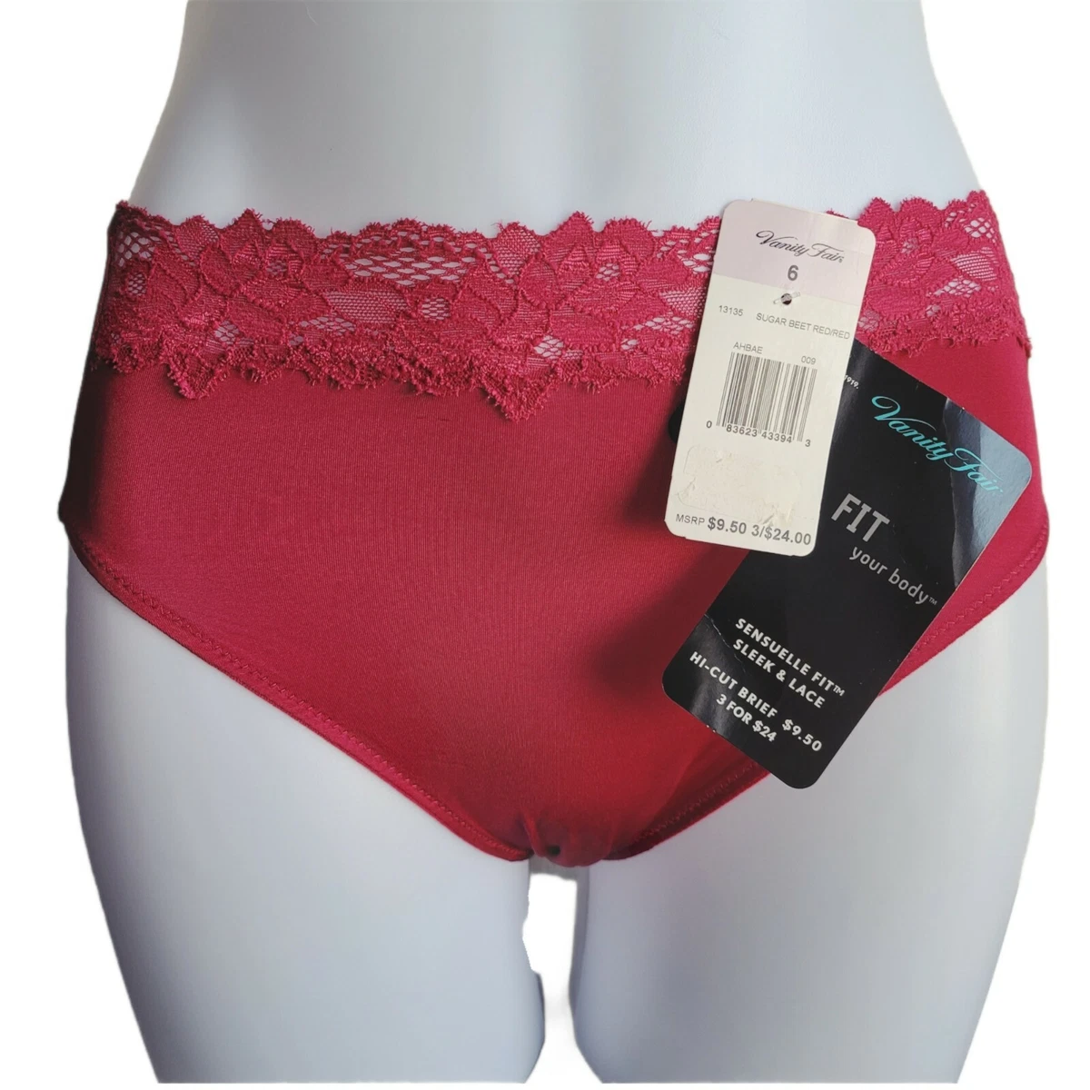 Vanity Fair Sensuelle Fit Sleek & Lace Hi-Cut Brief Panty Sz 6 Red 13135  Satiny