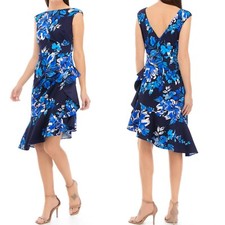 Eliza J asymmetrical ruffle sheath dress sleeveless floral navy boat neck plus