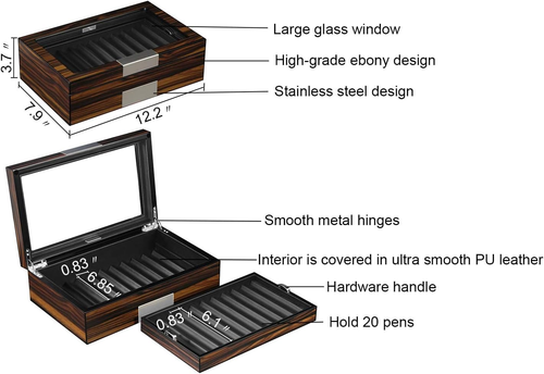 Pen Display Box Ebony Wood Display Case with Glass Window and Tray - Holds up to - Picture 7 of 8