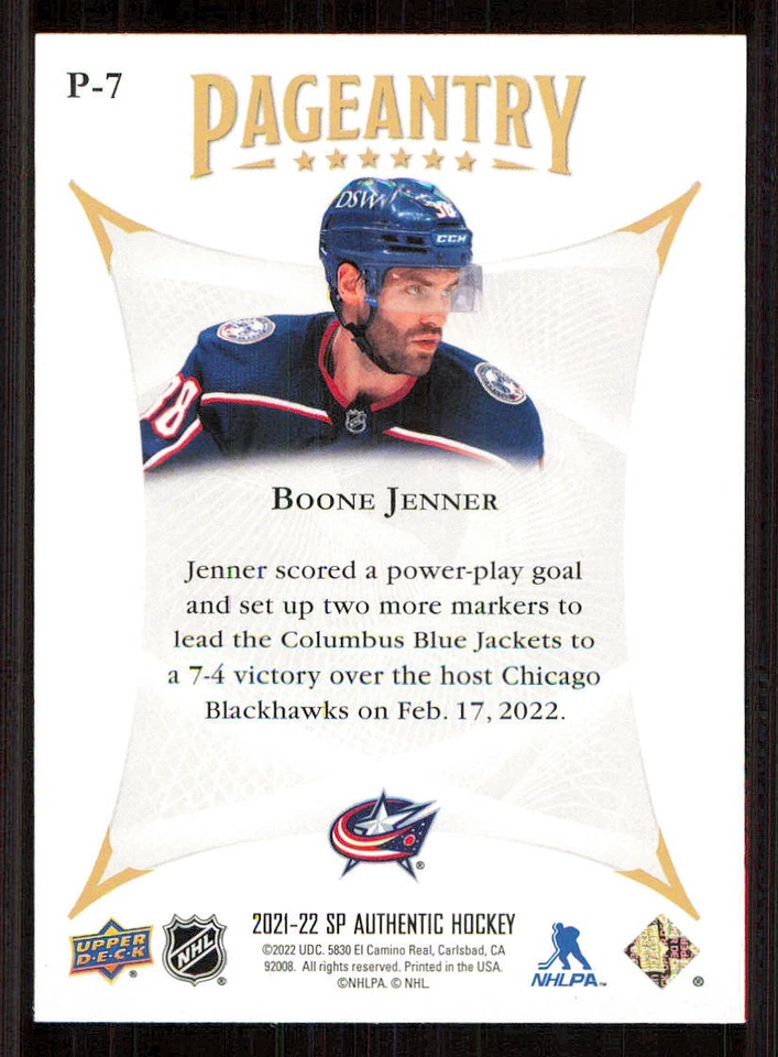 2021-22 SP Authentic Pageantry #P7 Boone Jenner - Image 2 of 2