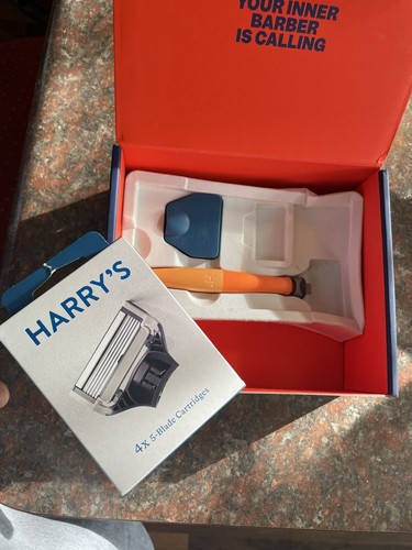 Harry's Razor Handle bright Orange W/ Cover EUC + FOUR 5 Blade Cartridges Sealed