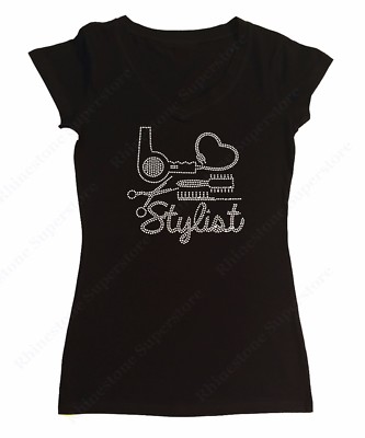 Women's Rhinestone T-Shirt '' Hair Stylist with Blow Dryer '' in All Sizes