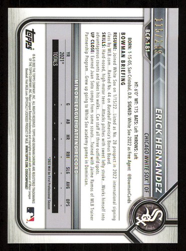 Refractores de motas Bowman Chrome Prospects 2022 #BCP181 Erick Hernández/299 - Imagen 2 de 2
