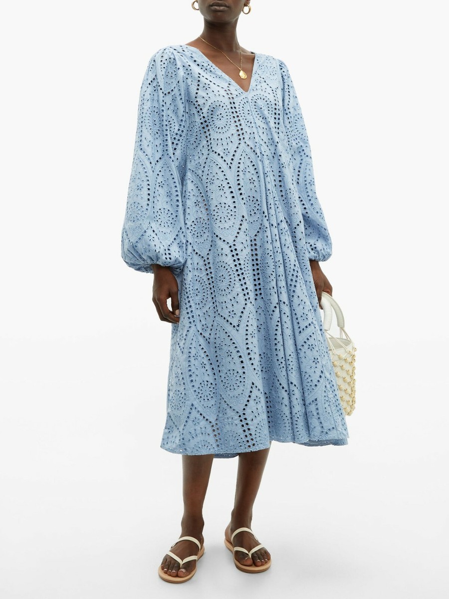 NWT GANNI Broderie Anglaise Eyelet Lace Midi Dress Light Blue EU 32/ US 0  $475