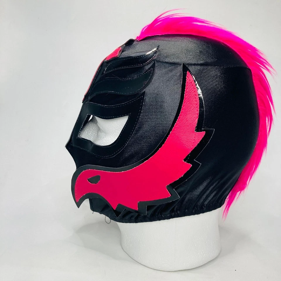 Máscara de lucha libre Ry Mysterio hecha a mano para niños Lucha cabello mohawk colores negro y rosa Foto 3 de 4