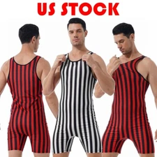 Men Muscle Wrestling Singlet Striped Jumpsuit Bodysuit Fitness Workout Underwear