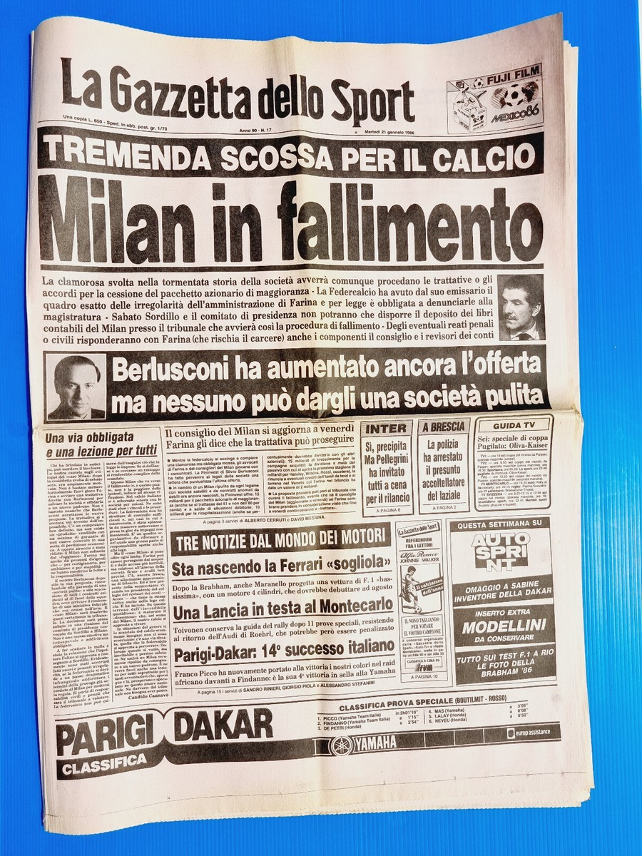 GAZZETTA DELLO SPORT 15 JANVIER 1986 MILAN-BERLUSCONI-MARIO