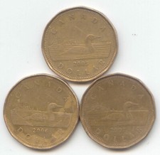 Canada 2005 2006 2007 Loonie Canadian One Dollar $1 Exact Set - 3 Coins