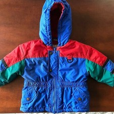 Vintage WEATHER TAMER Toddler Coat Color Block Puffy Jacket Hooded Infant 12-18M