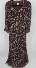 J JILL Dress Womens 12 Brown Floral Cottagecore Whimsy Ruffle Lace Maxi Romantic