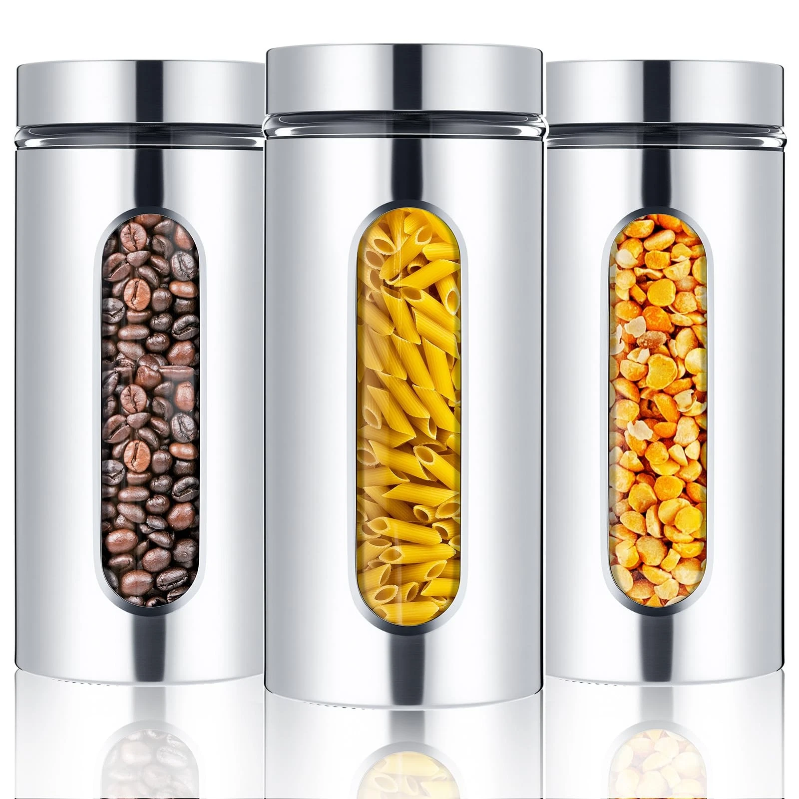 3 Pcs Stainless Steel Canister Set with Glass Windows Visible Storage Jars Si...