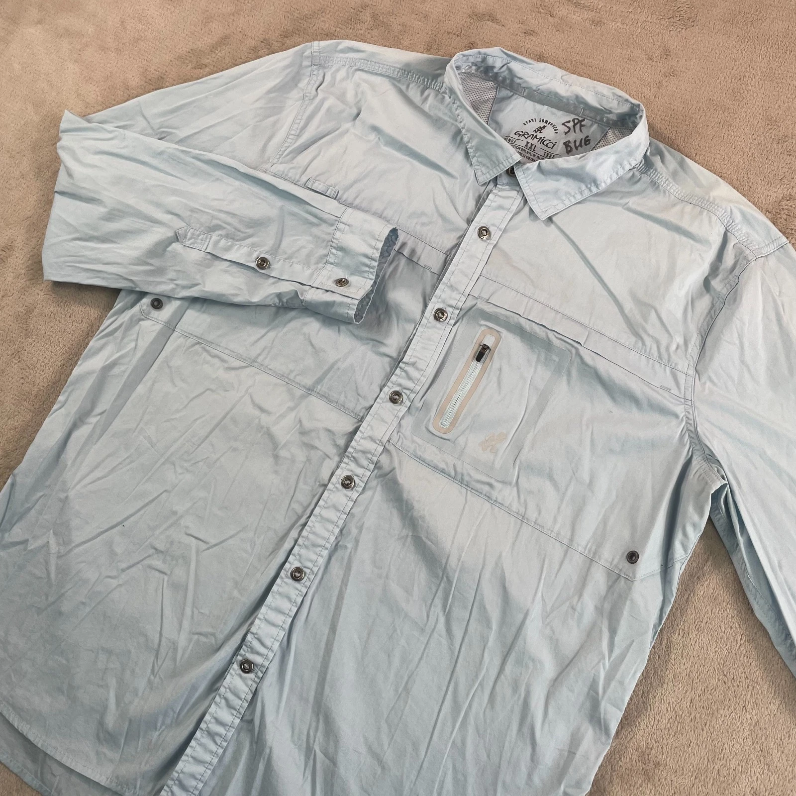 Gramicci Shirt Men 2XL Blue Nylon Blend Long Sleeve Pockets Outdoors Fishing