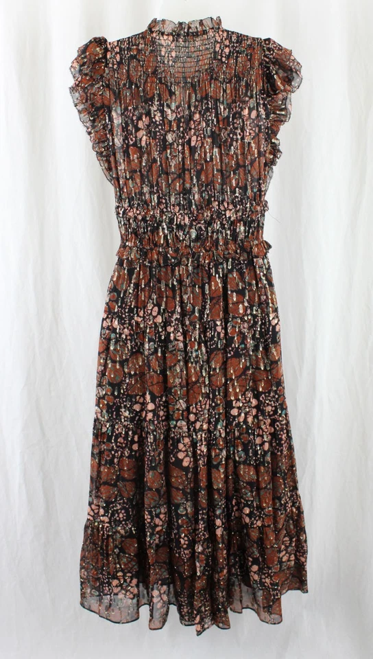 Ulla Johnson Women's Brown Black Multi Print Metallic Smocked Silk Blend Dress 2 - Image 2 of 4