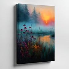 Sunset Mist Floral Landscape Canvas Wall Art Nature Scene For Home Decor Print